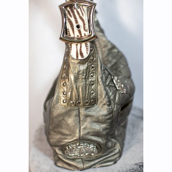 Chi By Carlos Falchi Italian Lamb Leather Shoulder Bag Gold Bronze Large - Picture 7 of 14